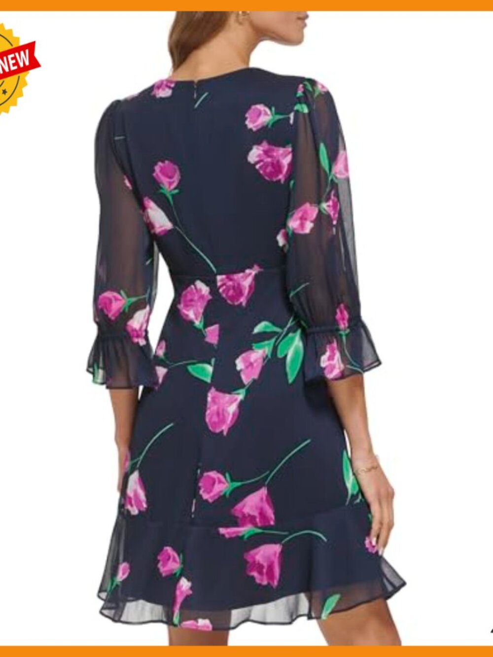 V-Neck Balloon Sleeve Ruffle Hem Dress Casual Chiffon 3/4 Sleeve - Picture 4 of 5